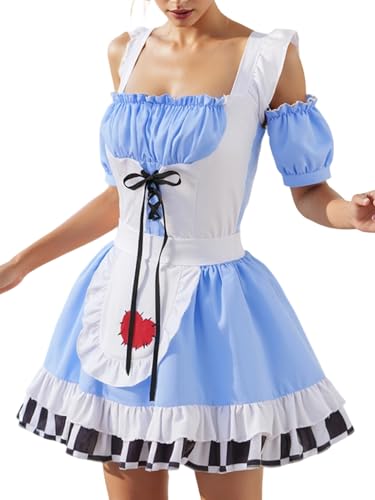 Felcia Halloween-Kostüm für Damen, Minikleid in Kontrastfarbe, Herz- und Pik-Muster, schulterfrei, Minikleid für Teenager (A-Himmelblau, Größe M) von Felcia