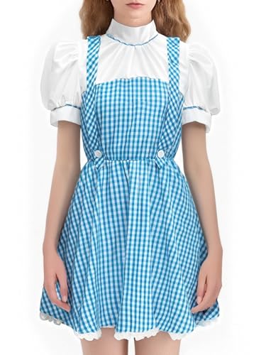 Felcia Halloween-Kostüm für Damen, kurze Puffärmel, Patchwork, kariert, Puppenkleid, Cosplay, Lolita, Minikleider (A-Blau, L) von Felcia