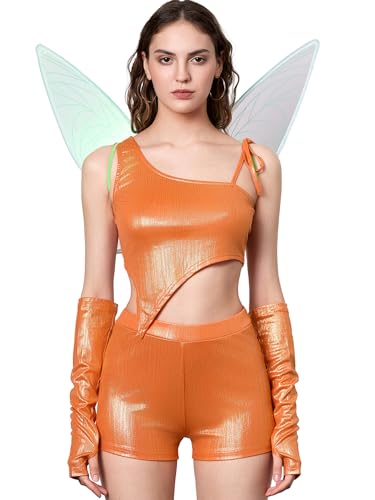 Felcia Halloween-Kostüm für Damen, unregelmäßiges Tank-Top, Shorts, Armärmel, Flügel-Set für Cosplay, Rollenspiele, Party-Outfits (B-Orange, L) von Felcia