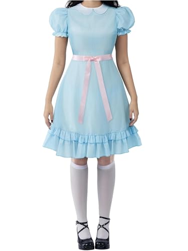 Felcia Halloween-Kostüm für Damen und Mädchen, Schleife, gerüschter Rand, Puppenkleider, blaue Puffärmel, Lolita, Cosplay-Kleidung (A-Blau, S) von Felcia