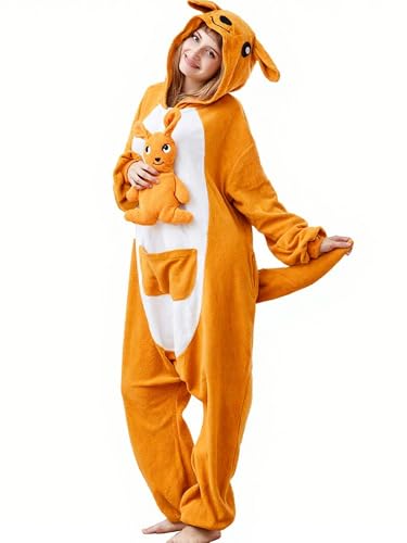 Felcia Halloween-Kostüm für Erwachsene, flauschiges Tier, Känguru, langärmelig, Kapuzenpullover, volle Länge, lockerer Overall mit Schwanz (A-Orange, S) von Felcia