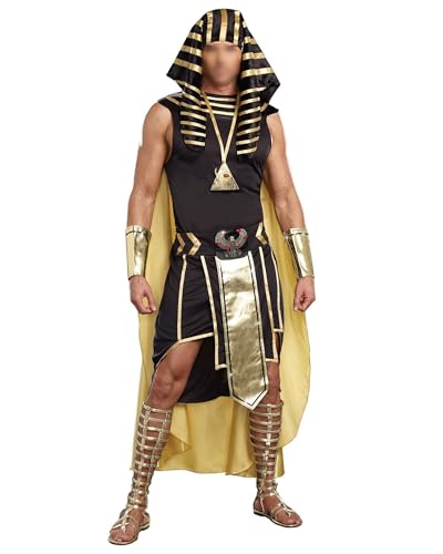 Felcia Halloween-Kostüm für Herren, König des Ägyptischen Kostüms, goldener Rand, Tank-Top, Rock, Armärmel, Kopfbedeckung und Halskette, 7-teilig, Cosplay-Kleidung (Schwarz A, L) von Felcia