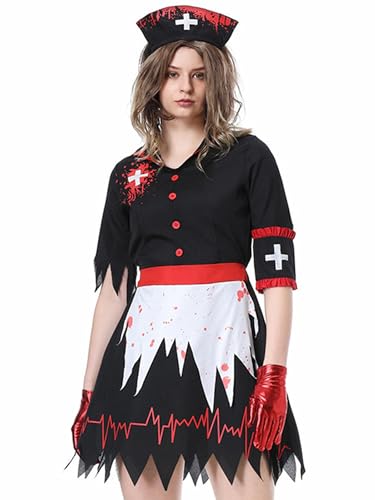 Felcia Halloween-Krankenschwester-Kostüm für Damen, Zombie-Krankenschwester-Kostüm, blutiges Zombie-Kostüm (Schwarz, L) von Felcia
