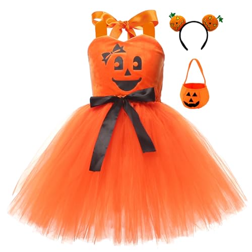 Felcia Halloween-Kürbis-Kostüm für Kinder, Mädchen, niedlich, ärmellos, Tüllkleid mit Stirnband, Süßigkeitentasche, Kürbis-Outfit, Themenparty, Cosplay, Verkleidung (A-Orange, 4-5 Jahre) von Felcia