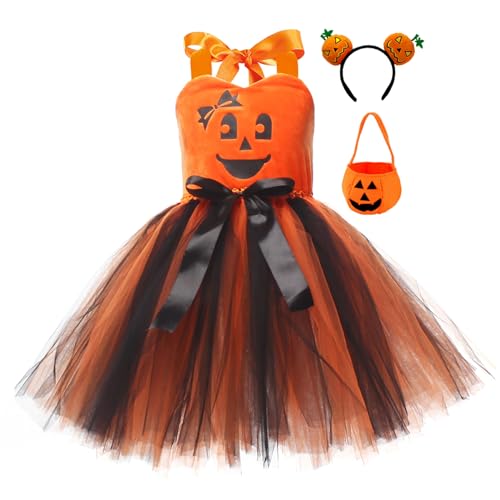 Felcia Halloween-Kürbis-Kostüm für Kinder, Mädchen, niedlich, ärmellos, Tüllkleid mit Stirnband, Süßigkeitentasche, Kürbis-Outfit, Themenparty, Cosplay, Verkleidung (A-Schwarz, Orange, 10–12 Jahre) Felcia Halloween-Kürbis-Kostüm für Kinder, Mädchen, niedlich, ärmellos, Tüllkleid mit Stirnband, Süßigkeitentasche, Kürbis-Outfit, Themenparty, Cosplay, Verkleidung (A-Schwarz, Orange, 10–12 Jahre) von Felcia