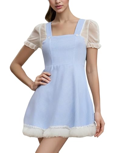 Felcia Halloween-Minikleid für Damen, elegant, quadratischer Ausschnitt, kurze Ärmel, Gingham-Kleid für Mottoparty, Cosplay, Kostüm, D-Blau, Größe M Felcia Halloween-Minikleid für Damen, elegant, quadratischer Ausschnitt, kurze Ärmel, Gingham-Kleid für Mottoparty, Cosplay, Kostüm, D-Blau, Größe M von Felcia