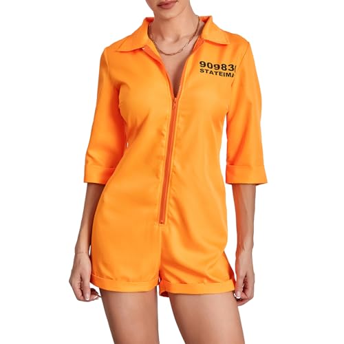 Felcia Halloween-Overall-Kostüm für Damen, Sträflingsräuber, Gefängnisausbruch, kurzer Overall, Themenparty, Cosplay, Gefangenen-Kostüm (C-Orange, M) von Felcia