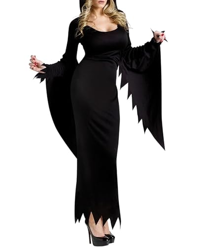 Felcia Hexenkostüm für Damen, Gothic, langärmelig, mit Kapuze, Rollenspiel, schwarzes Kleid, Mitternachts-Vampir, Cosplay, Verkleidung (Schwarz, A, S) von Felcia