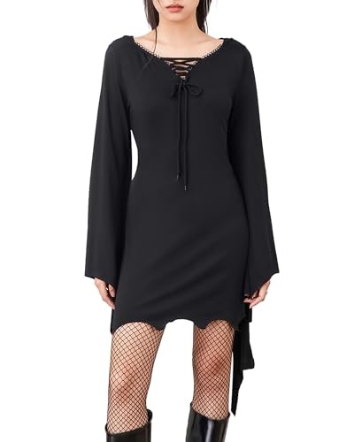 Felcia Hexenkostüm für Damen, Gothic, langärmelig, mit Kapuze, Rollenspiel, schwarzes Kleid, Mitternachts-Vampir, Cosplay, Verkleidung (Schwarz, B, XL) von Felcia