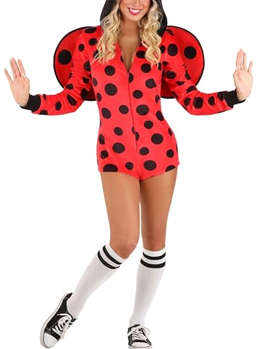 Felcia Marienkäfer-Kostüm für Damen, für Erwachsene, Halloween, Feenkostüm mit Flügel, Schmetterling, Marienkäfer, Biene, Cosplay, mit niedlichem Stirnband (A-Red, L) von Felcia