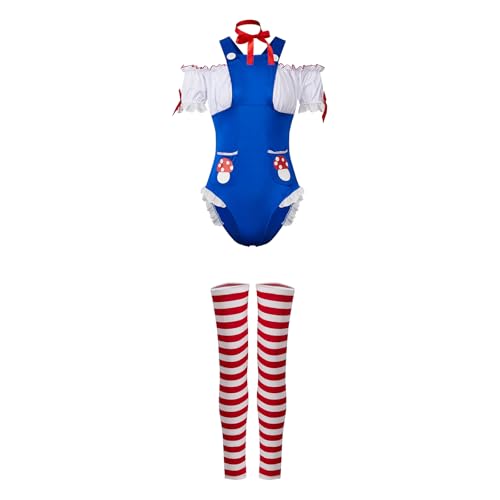 Felcia Pilzkostüme für Damen, kurzärmelig, Overall, gestreifte Beinstulpen, Hut und Halsband, Halloween, Cosplay, Outfit (A-Blau, XL) von Felcia