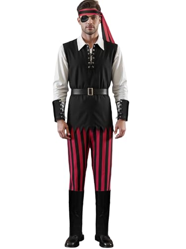 Felcia Piratenkostüm für Herren, Piratenhemd, Weste, Wikingerhose, Hut, 5-teiliges Set für Halloween, Motto-Partys, Cosplay (A-Schwarz, M) von Felcia