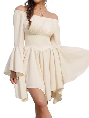 Felcia Renaissance-Bluse für Damen, mittelalterliches viktorianisches Kostüm, schulterfrei, Trompete, langärmelig, Bauern-Tops (A-Elfenbein, M) von Felcia
