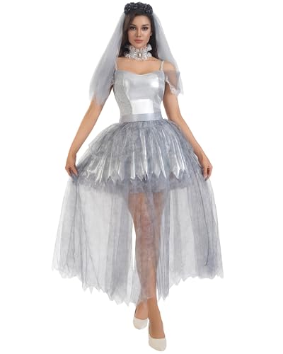 Felcia Vampir-Braut-Cosplay-Kostüm für Damen, Geist, Leiche, Zombie, Netzkleid, Halloween, Rollenspiel-Outfits mit Schleier und Schal (Grau A, L) von Felcia