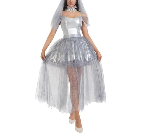 Felcia Vampir-Brautkostüm für Damen, Netzstoff, kurzärmelig, schulterfrei, Kleid mit Schleier und Schal (A-Grau, XL) von Felcia