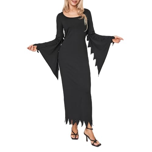 Felcia Vintage Gothic Vampir Hexe Kostüm Elegant Kapuzen Fledermaus Langarm Kleid Kostüm für Cosplay Mottoparty (A-Schwarz, S) von Felcia