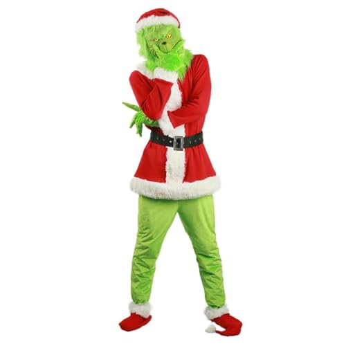Felcia Weihnachten Grün Monster Kostüm Set Weihnachtsmann Anzug für Herren Damen Weihnachten Cosplay Kostüm (A-Rot, XL) von Felcia