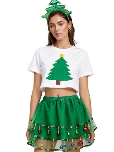Felcia Weihnachtsbaum-Kostüme für Damen, Ballettrock, Tüllröcke, Halloween, Weihnachtskostüme mit Schleife, Stirnband (A-Grün, L) von Felcia
