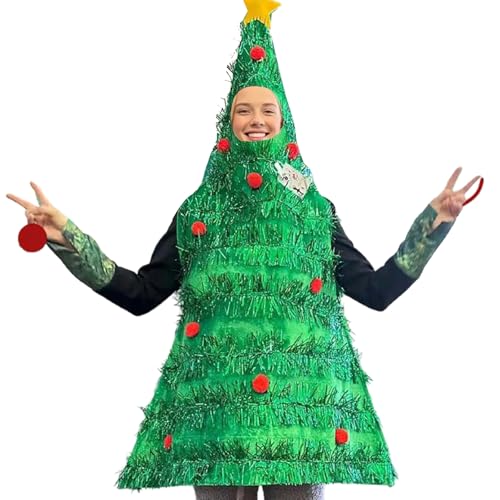 Felcia Weihnachtsbaumkostüm für Erwachsene, Lametta-Bordüre, Plüschball, Baum-Kostüm, Weihnachtsfeier-Zubehör (A-Grün, Einheitsgröße) von Felcia