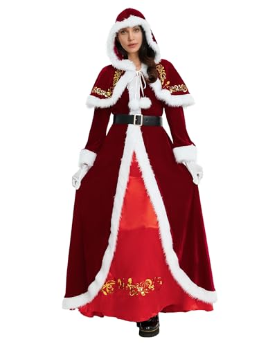 Felcia Weihnachtskleid Frau Claus Kostüm für Damen Erwachsene Weihnachtsmann Kostüm Weihnachtsfeier Kostüme Xmas Cosplay Outfit (A-Rot, XL) von Felcia