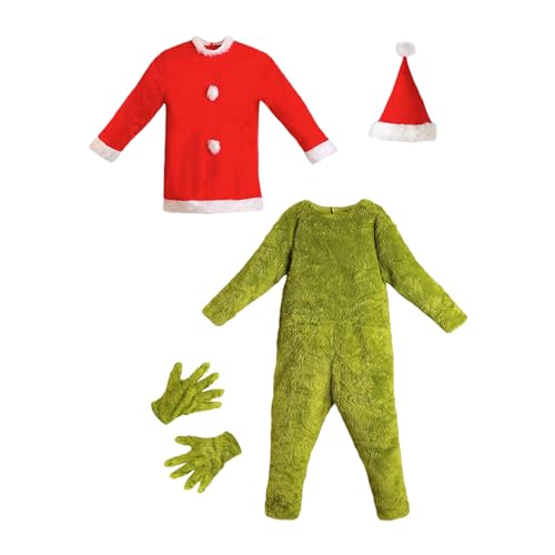 Felcia Weihnachtsmonster-Kostüm, langärmelig, Patchwork-Oberteil mit pelzigem Overall, Hut, Handschuhe, Cosplay-Kostüm (Mehrfarbig, S) von Felcia