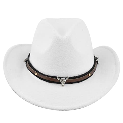 Felcia Westernhut für Erwachsene, Cowboyhut, Retro, Vintage, Jazzhut, breite Krempe, Karneval, Party-Zubehör (White Bull, Einheitsgröße) von Felcia