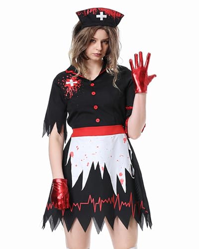Felcia Zombie-Krankenschwester-Kostüm für Damen, Vampir, blutbefleckt, kurzes Kleid mit Hut, Handschuhen, gruseliges Cosplay-Outfit-Set (Schwarz A, L) von Felcia
