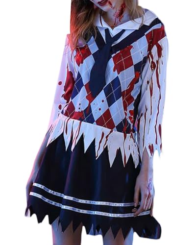 Felcia Zombie-Schuluniform-Kostüm für Damen, kariert, Oberteil mit adrettem Rock, blutiges Cosplay, Verkleidung, Mottoparty-Outfits (Mehrfarbig A, S) von Felcia