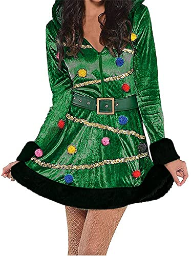 Frauen Weihnachten Cosplay Kostüm Set Weihnachtsbaum Kleid Kapuzen Pailletten Fancy Kostüm für Festival Party, grün, 36 von Felcia