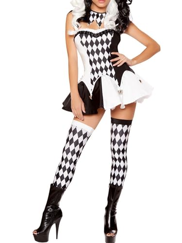 Halloween-Clown-Kostüm für Damen, karierter Druck, Zirkus-Party, gruseliger Narren für lustige Partykleidung (A-Schwarz, L) von Felcia