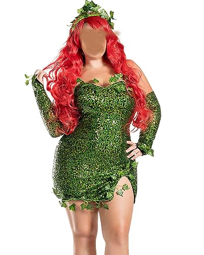 Halloween Deluxe Grünes Efeu-Kostüm für Damen, ärmellos, künstliche Blätter, Paillettenkleid mit Handschuhen, Set (Grün, M) von Felcia