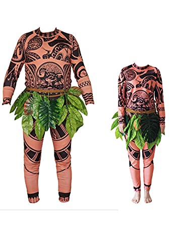 Halloween-Familien-Kostüm für Herren, Kinder, Maui, Cosplay, Tattoo-Kostüm, T-Shirt + Hose mit Blättern, Rock, Erwachsenenkostüm von Felcia