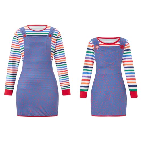 Halloween-Familien-Outfits mit Streifendruck, langärmelig, Oberteil mit Strapsrock, Set, gruselige Killer-Puppe, Kostüm für Cosplay-Party (A-Blau, Kinder, 6-7 Jahre) von Felcia