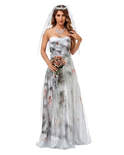 Halloween Geisterbraut Kostüm für Frauen Deluxe Blutdruck Tote Braut Kleid mit Brautschleier Set für Halloween Party, weiß, 46 von Felcia