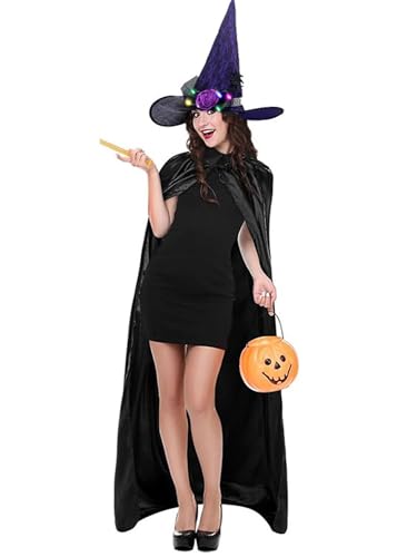 Hexenkostüm-Set für Damen, volle Länge, Kapuzenmantel, Halloween, Umhang, beleuchteter Spitzenhut, Gothic, Cosplay-Set (A-Lila, Einheitsgröße) von Felcia