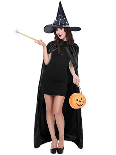 Hexenkostüm-Set für Damen, volle Länge, Kapuzenmantel, Halloween-Umhang, beleuchtete Spitze, Blumenhut, Gothic, Cosplay-Set (A-Schwarz, Einheitsgröße) von Felcia