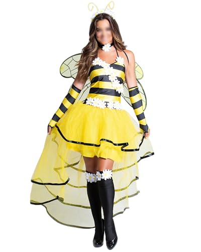 Hummel-Kostüm für Damen, ärmelloses Kleid mit Flügeln, Stirnband, Armärmel, Halloween, Erwachsene, Cosplay, Party, Verkleidungs-Outfits (Gelb A, XXL) von Felcia