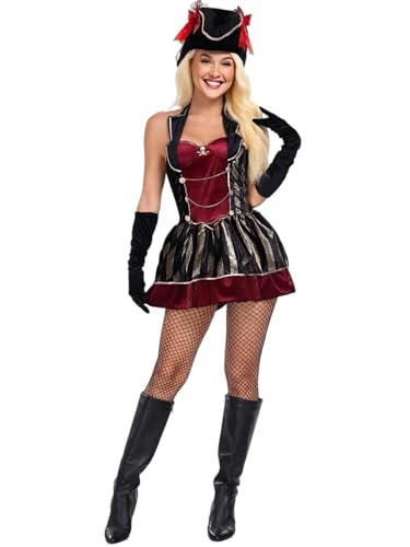 Piratenkostüm für Damen, Deluxe-Korsett-Kleid mit Dreihornhut, Handschuhen, Mittelalter-Halloween-Cosplay-Zubehör-Set (A-Schwarz, XL) von Felcia