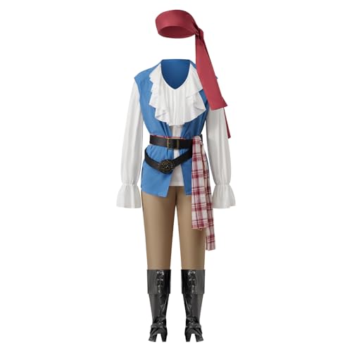Piratenkostüm für Erwachsene, langärmelig, T-Shirt mit Weste, Hose, Gürtel, Hut, Halloween, Cosplay, Party-Kostüm (Damen, M) von Felcia