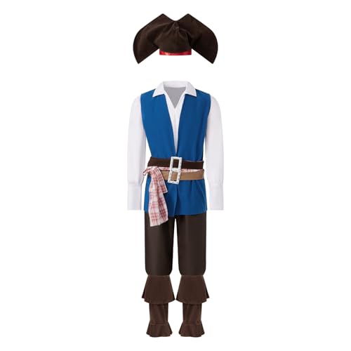 Piratenkostüm für Erwachsene, langärmelig, T-Shirt mit Weste, Hose, Gürtel, Hut, Halloween, Cosplay, Party-Kostüm (Herren, Größe M) von Felcia