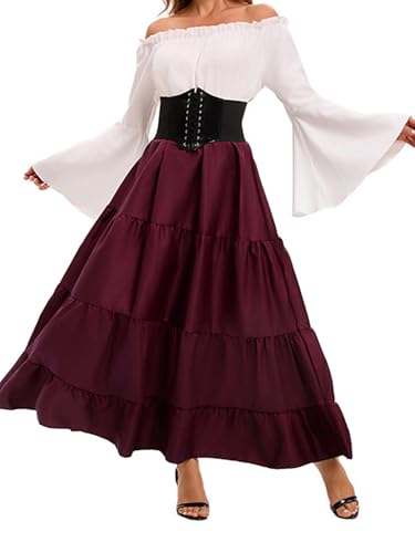 Renaissance-Kostüm für Damen, mittelalterliches Kleid, Trompetenärmel, viktorianisch, mit Taillengürtel, für Halloween, Piratenkostüme (A-Burgunderrot, M) von Felcia