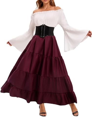 Renaissance-Kostüm für Damen, mittelalterliches Kleid, Trompetenärmel, viktorianisch, mit Taillengürtel, für Halloween, Piratenkostüme (A-Burgunderrot, S) von Felcia