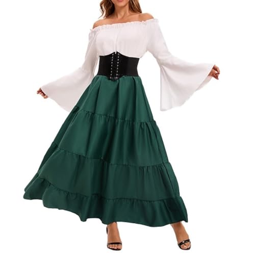 Renaissance-Kostüm für Damen, mittelalterliches Kleid, Trompetenärmel, viktorianisch, mit Taillengürtel, für Halloween, Piratenkostüme (A-Grün, L) von Felcia