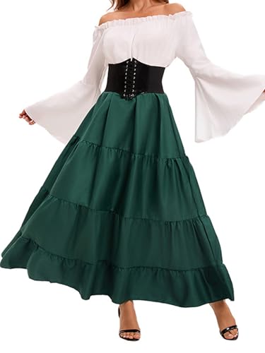 Renaissance-Kostüm für Damen, mittelalterliches Kleid, Trompetenärmel, viktorianisch, mit Taillengürtel, für Halloween, Piratenkostüme (A-Grün, L) von Felcia