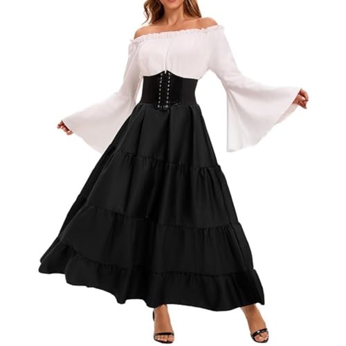 Renaissance-Kostüm für Damen, mittelalterliches Kleid, Trompetenärmel, viktorianisch, mit Taillengürtel, für Halloween, Piratenkostüme (A-Schwarz, L) von Felcia