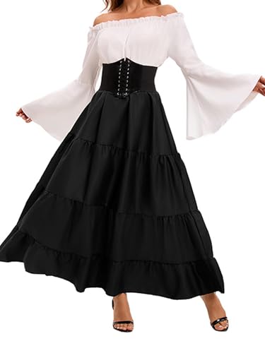 Renaissance-Kostüm für Damen, mittelalterliches Kleid, Trompetenärmel, viktorianisch, mit Taillengürtel, für Halloween, Piratenkostüme (A-Schwarz, M) von Felcia