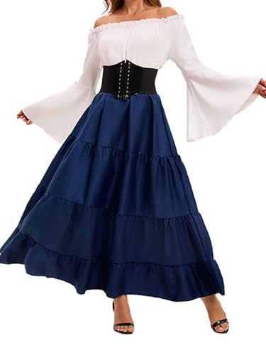 Renaissance-Kostüm für Damen, mittelalterliches Kleid, Trompetenärmel, viktorianisch, mit Taillengürtel, für Halloween, Piratenkostüme (Blau, M) von Felcia