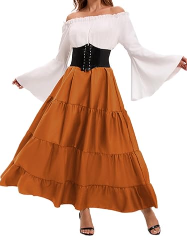 Renaissance-Kostüm für Damen, mittelalterliches Kleid, Trompetenärmel, viktorianisch, mit Taillengürtel, für Halloween, Piratenkostüme (Orange, L) von Felcia