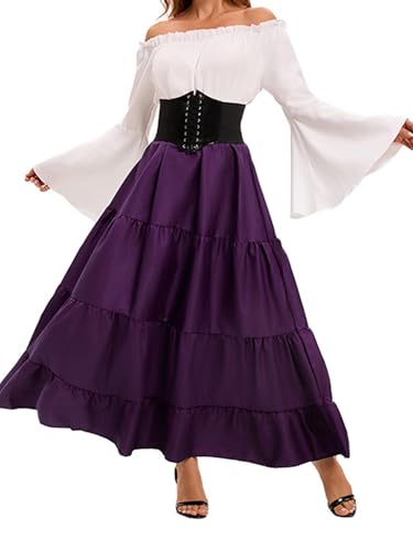 Renaissance-Kostüm für Damen, mittelalterliches Kleid, Trompetenärmel, viktorianisch, mit Taillengürtel für Halloween, Piratenkostüme (Violett, L) von Felcia