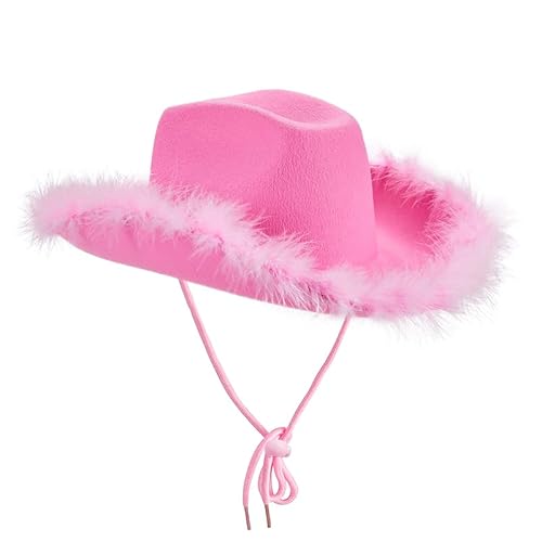 Uni Cowboyhut für Kinder, breite Krempe, Western-Cowboyhut mit verstellbarem Riemen, Festival-Kostüm-Zubehör (rosa Fellbesatz, Einheitsgröße) von Felcia
